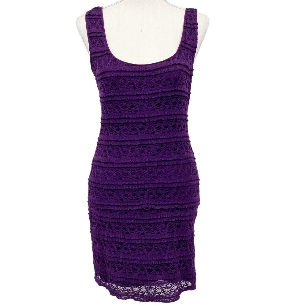 Max Studio Purple Tiered Lace Dress Bodycon Mini Stretch Sleeveless Sz S